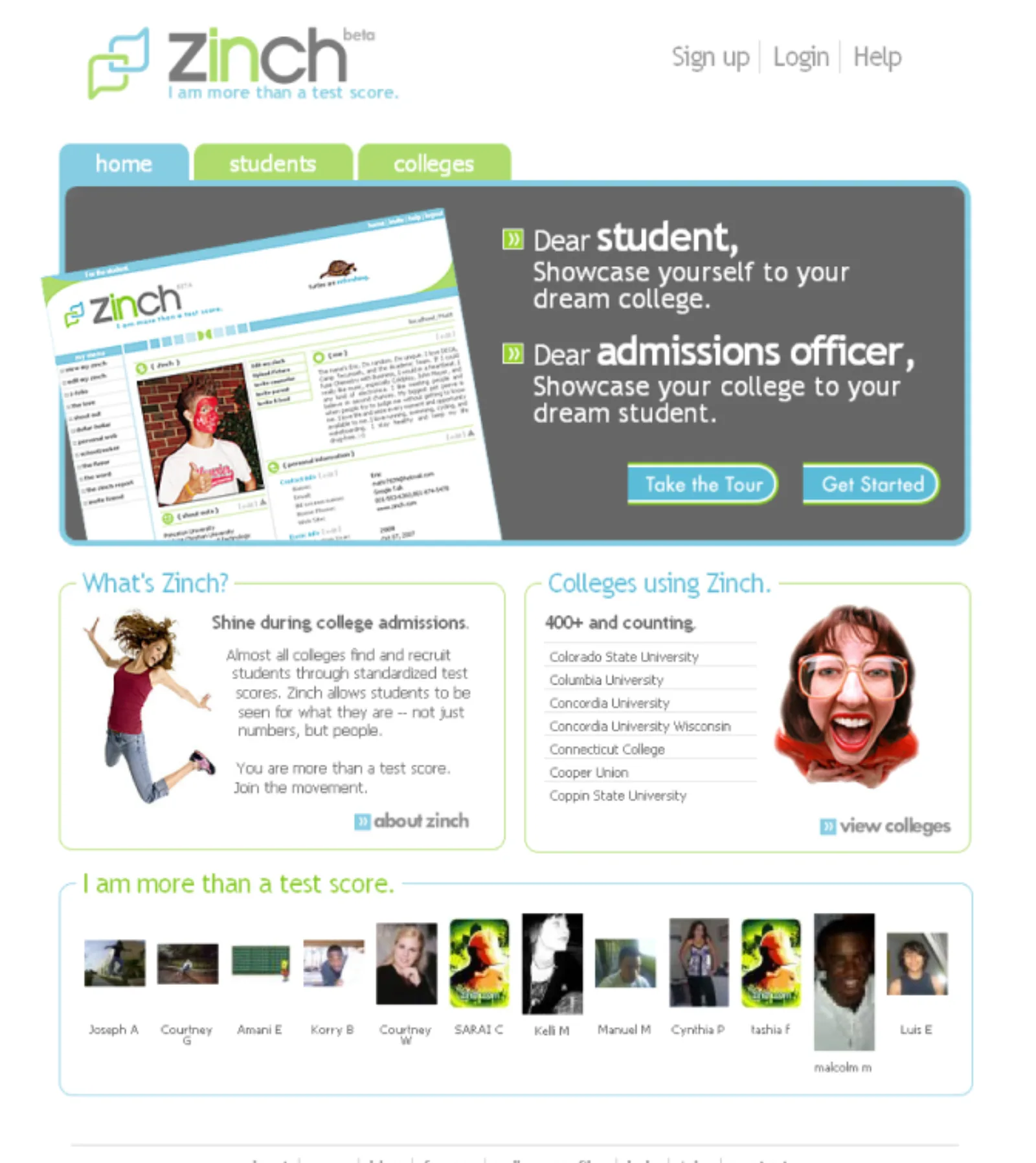 The Zinch website for students and colleges