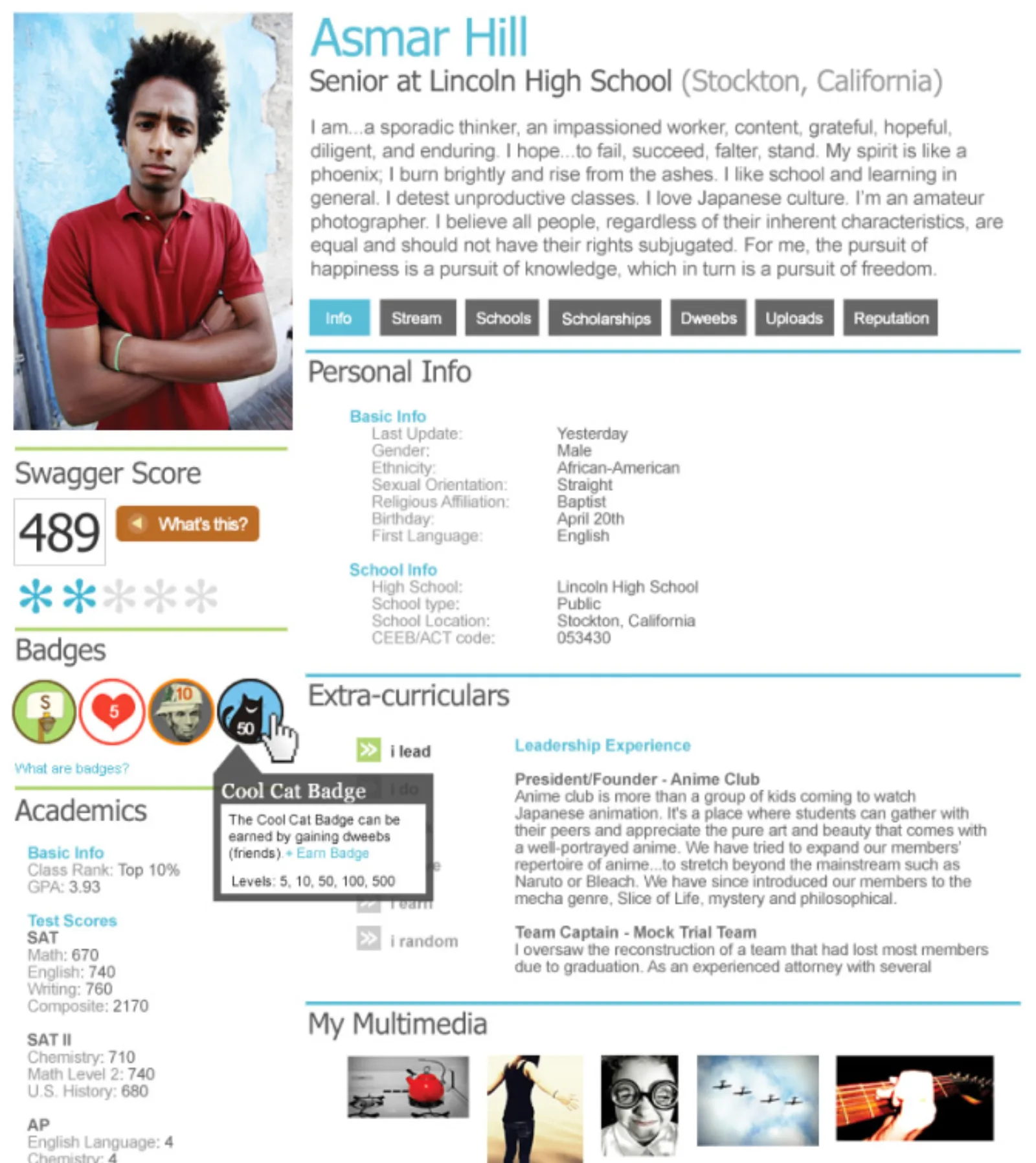 A student profile on Zinch